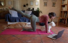 Mulher branca sorridente na sala de estar com seus cães de estimação, praticando ioga, usando laptop. estilo de vida doméstico, desfrutando de tempo de lazer em casa. — Fotografia de Stock