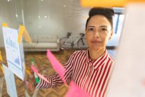 Серьезный кавказский женский бизнес творческий мозговой штурм и написание заметки на стеклянной стене. независимые креативные бизнесмены, работающие в современном офисе. — стоковое фото