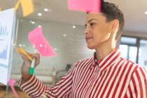 Grave caucasico business femminile creativo brainstorming e la scrittura di appunti memo sulla parete di vetro. uomini d'affari creativi indipendenti che lavorano in un ufficio moderno. — Foto stock