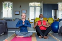 Glückliches älteres Paar in Turnkleidung, das gemeinsam Yoga praktiziert, meditiert. gesunder, aktiver Lebensstil im Ruhestand zu Hause. — Stockfoto