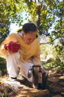 Homem idoso caucasiano usando uniforme de apicultor preparando fumaça para acalmar as abelhas. conceito de apicultura, apiário e produção de mel. — Fotografia de Stock