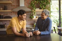 Smiling biracial adult son and senior father talking and drinking coffee in kitchen. family time at home together. — Stock Photo
