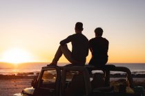 Vista trasera de la pareja gay caucásica sentada en el techo del coche al atardecer junto al mar. viaje por carretera de verano y vacaciones en la naturaleza. - foto de stock