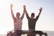 Rear view of caucasian gay male couple raising arms and holding hands, sitting on car in sun by sea. summer road trip and holiday in nature. — Stock Photo