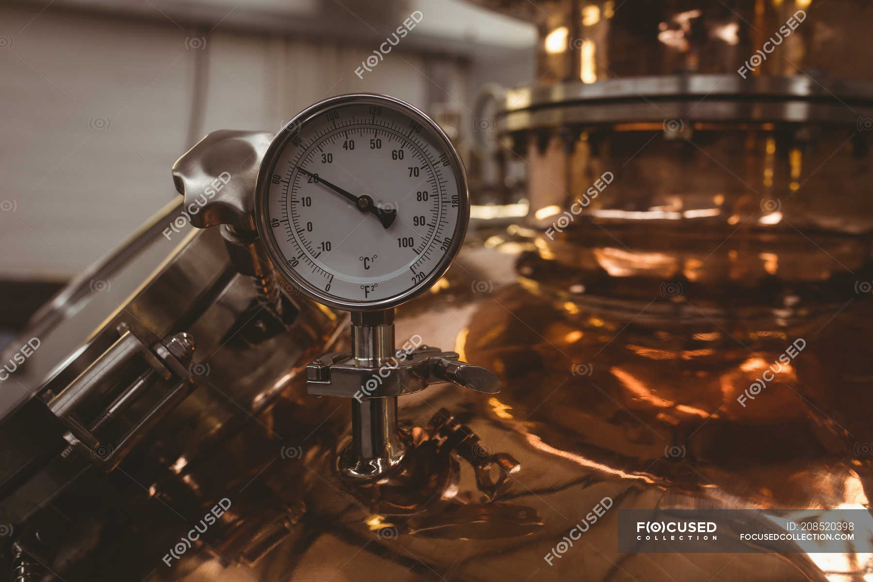 Pressure gauge on storage tank in brewery factory — manometer, close up ...