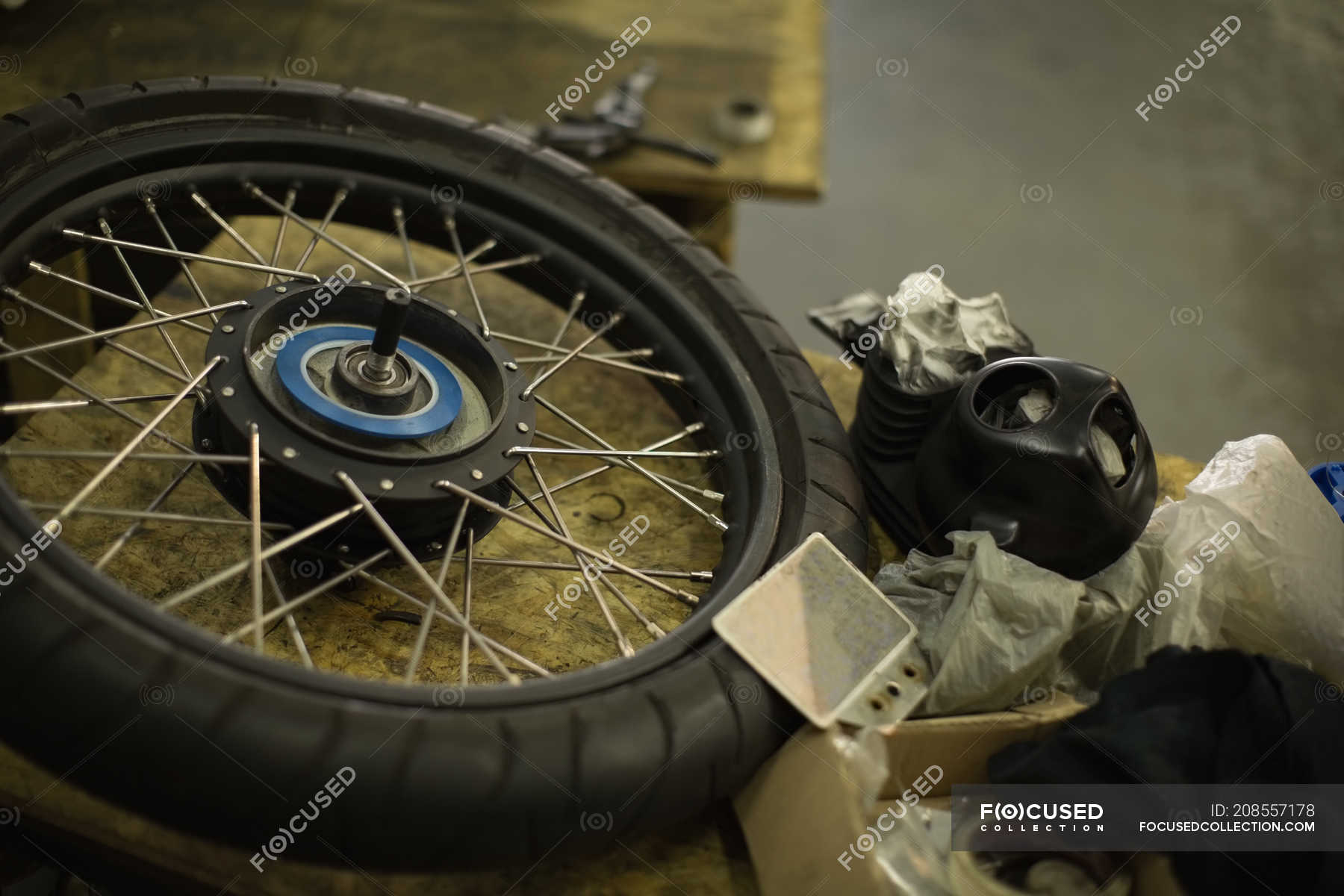 close-up-of-motorcycle-tyre-in-garage-transportation-tool-stock