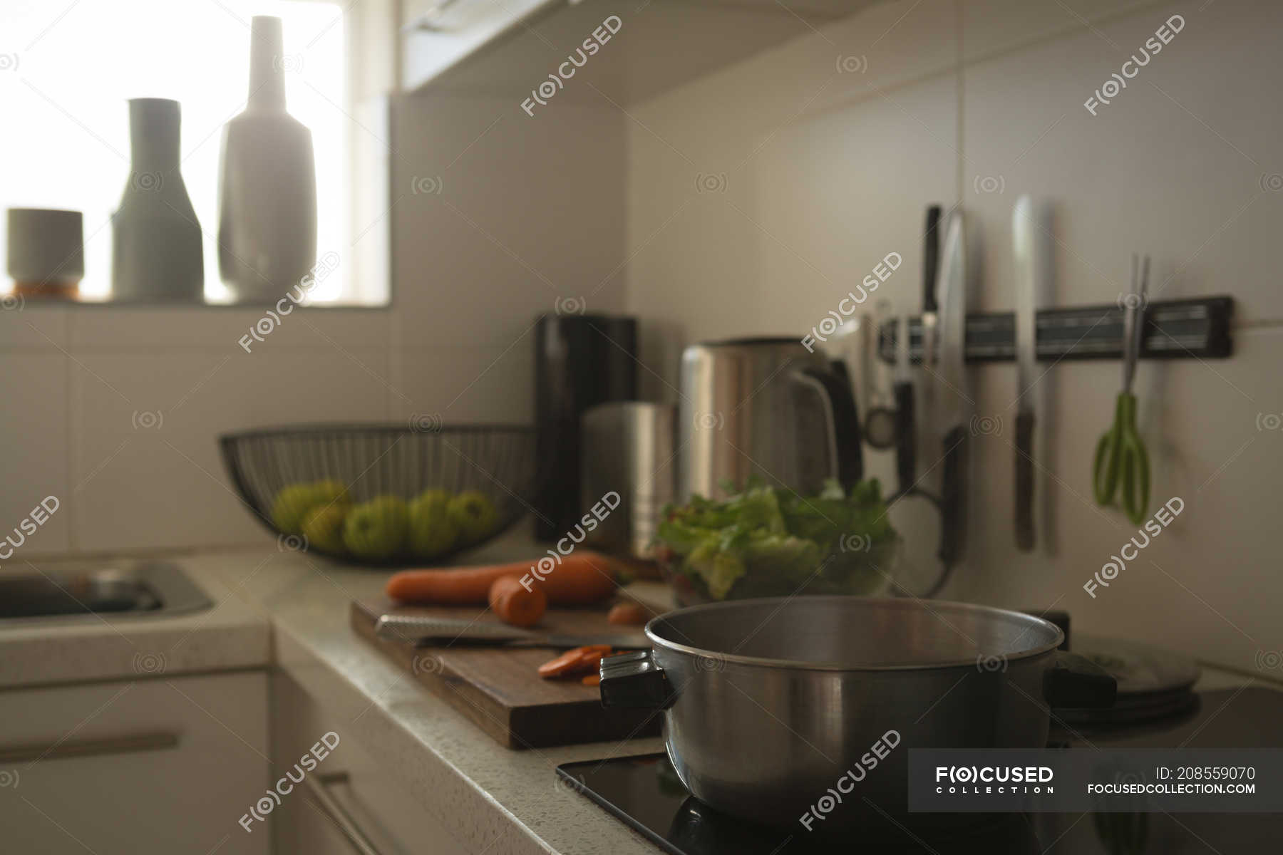 Pan On Induction Cooktop In Kitchen At Home One Person Chopping