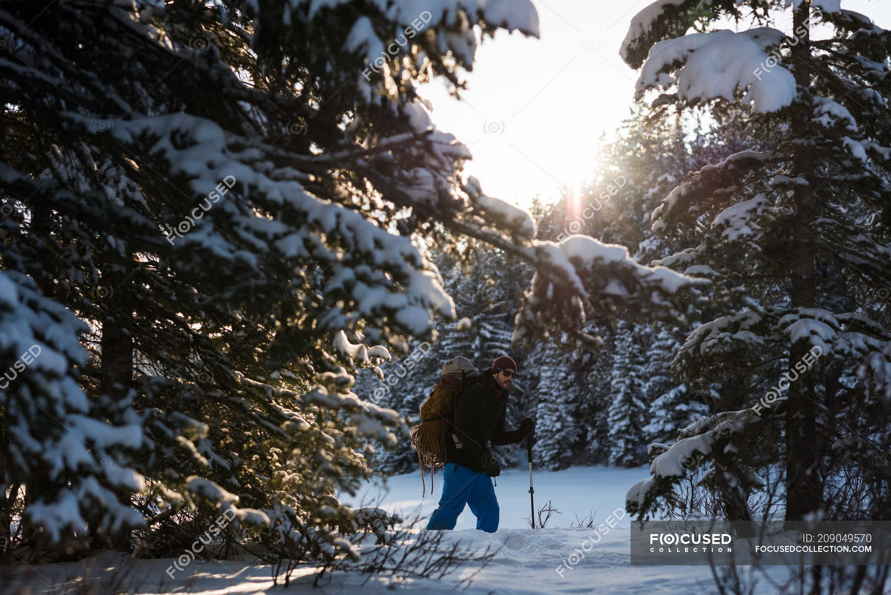 Man snowshoeing with backpack in snowy woods. — Ski Poles, vacation