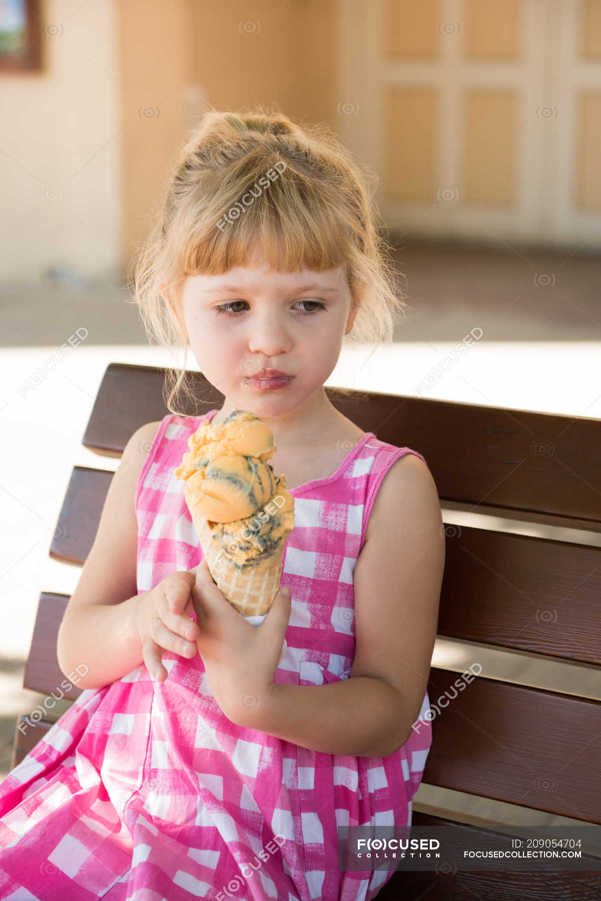 Cute girl having ice cream on a sunny day — soft, scoop - Stock Photo ...