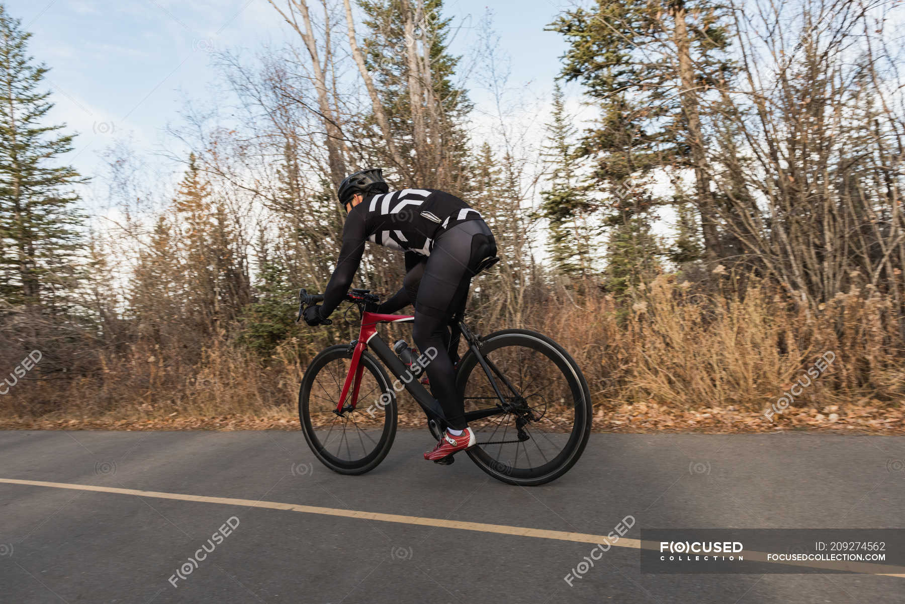 Biker riding mountain bike on road on a sunny day — summer, athlete ...