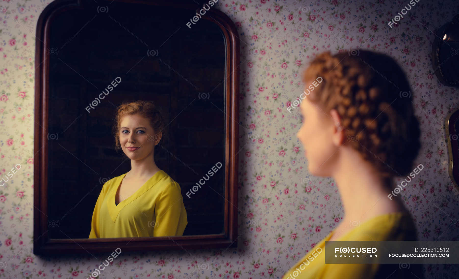 Beautiful Woman Standing In Front Of Mirror And Smiling Caucasian
