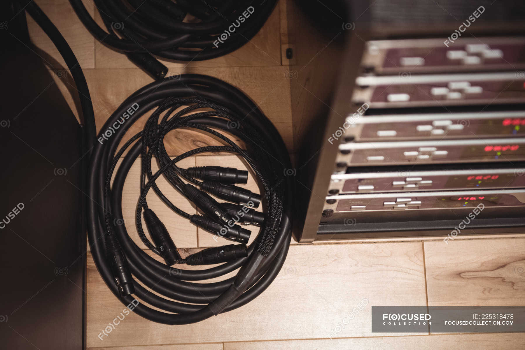 Closeup of audio cables in recording studio — technology, musical