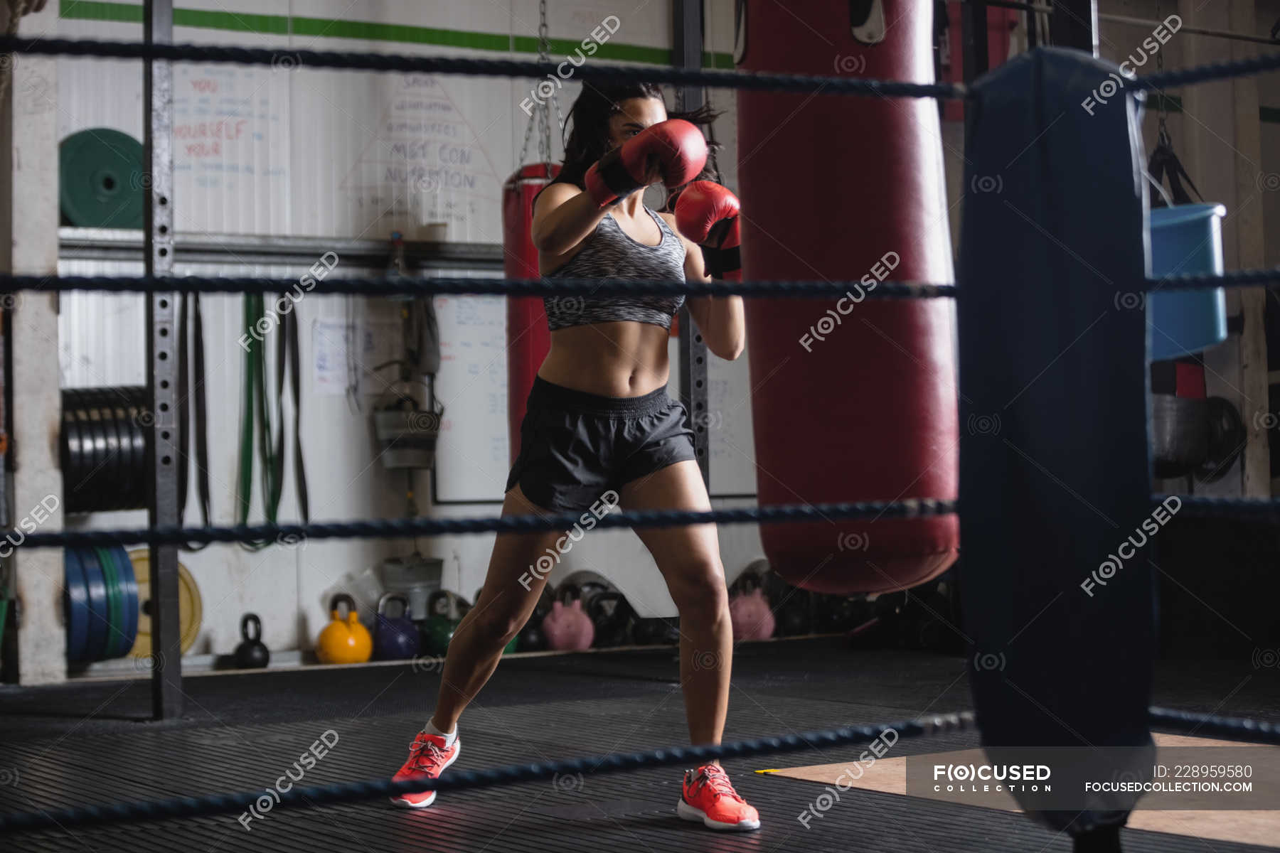 Female boxer practicing boxing with punching bag in fitness studio ...