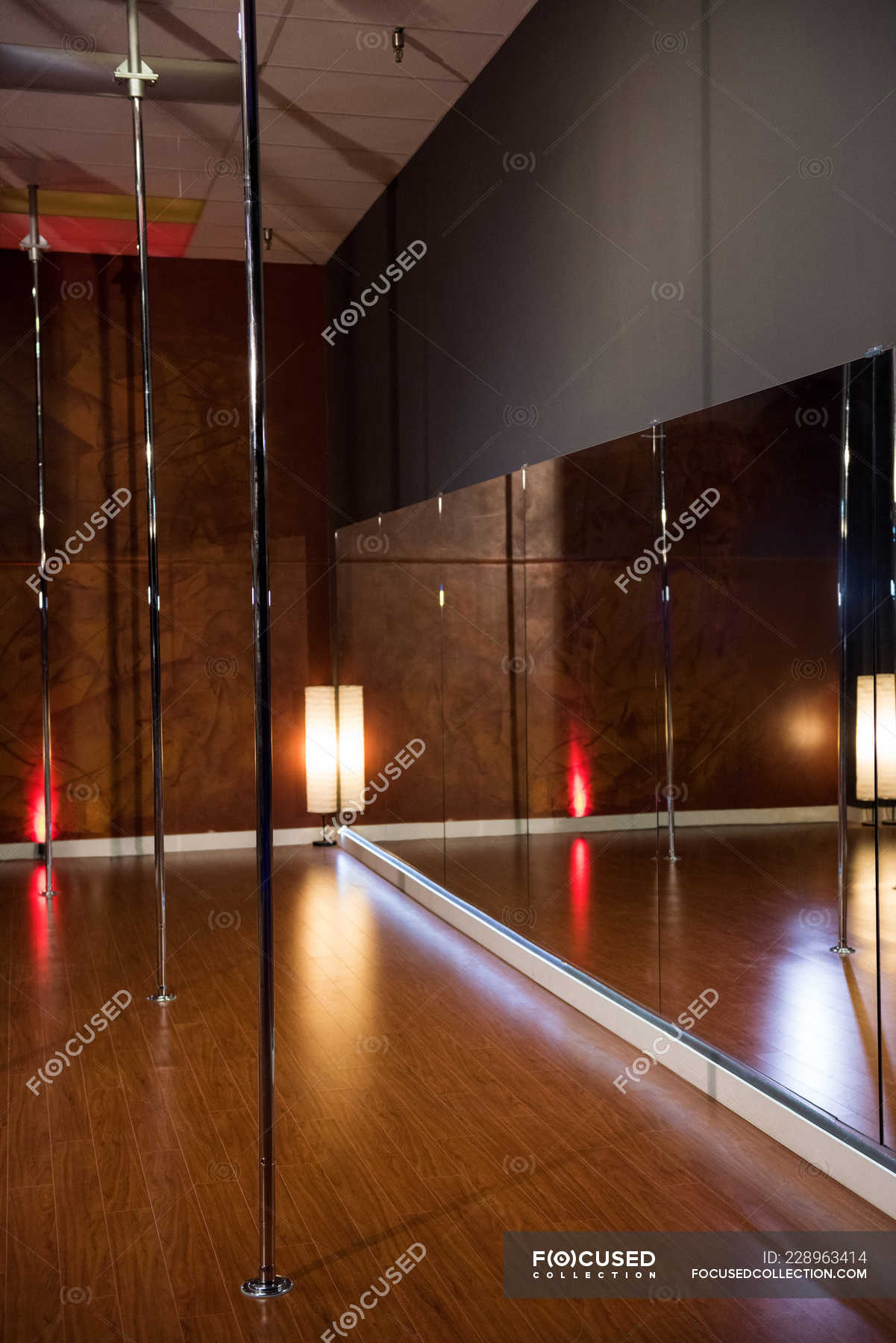 Interior of modern dancing studio for pole dancing with light and mirror —  nobody, art - Stock Photo | #228963414