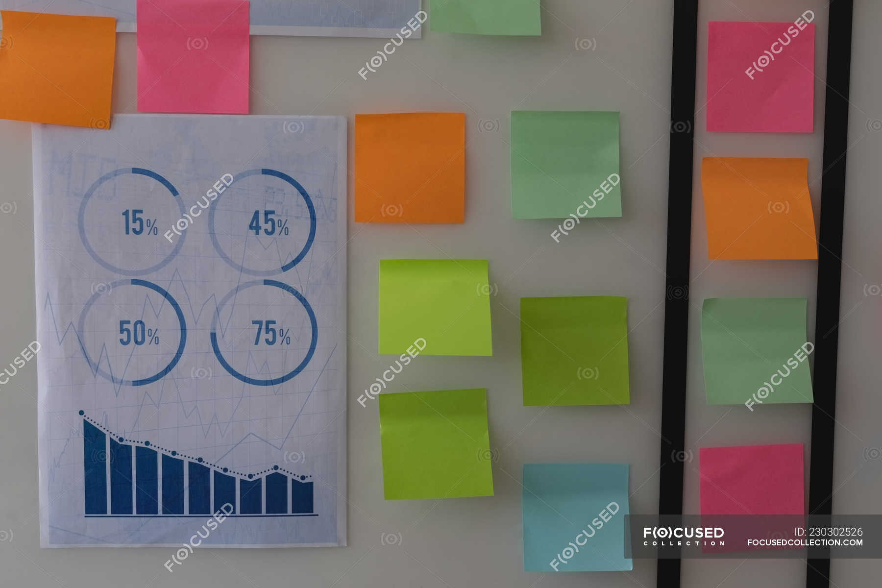 Sticky notes and graph chart on glass wall in office — colored ...