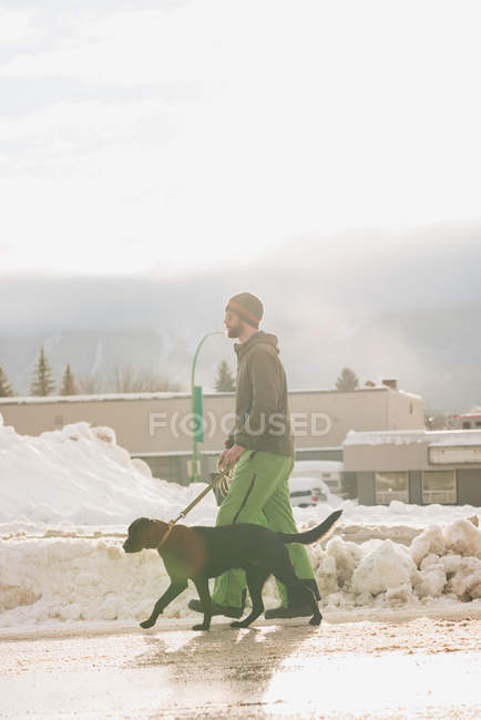 Man walking with his dog on sidewalk during winter — Stock Photo