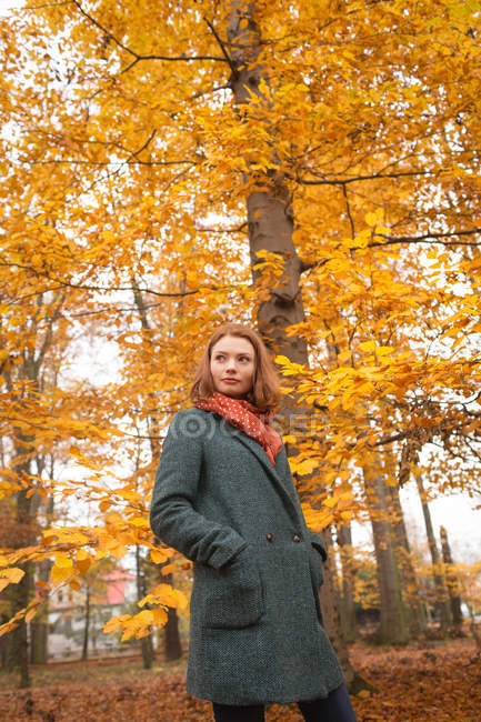 Жінка стоїть з руками в кишені в парку восени — стокове фото