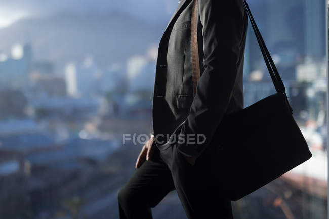 Mezzo sezione di uomo d'affari in piedi con una borsa in una camera d'albergo — Foto stock