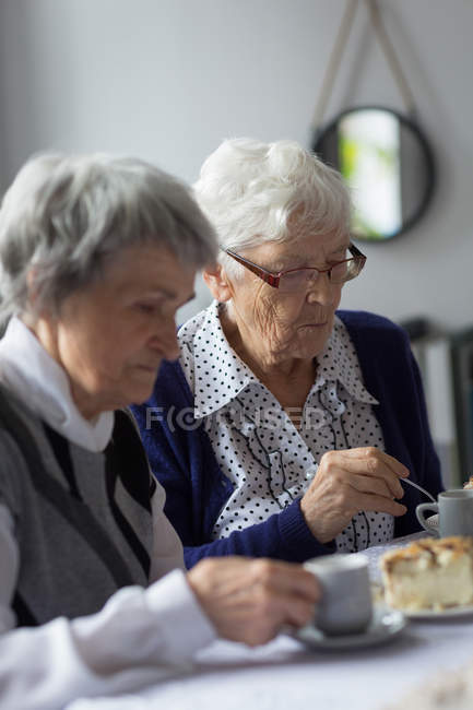 Amigos seniores tomando café da manhã juntos em casa — Fotografia de Stock