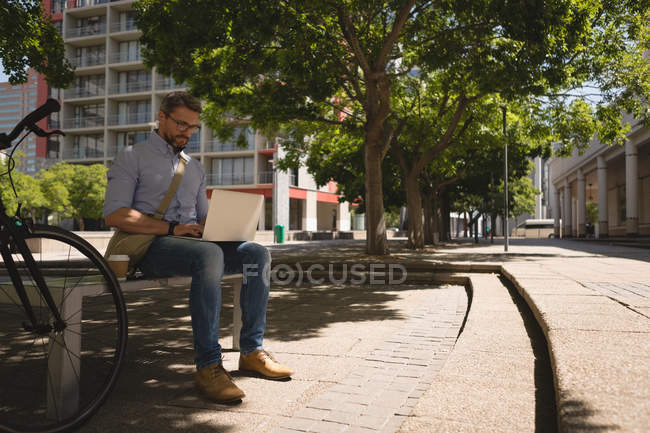 Mann benutzt Laptop an einem sonnigen Tag im Park — Stockfoto