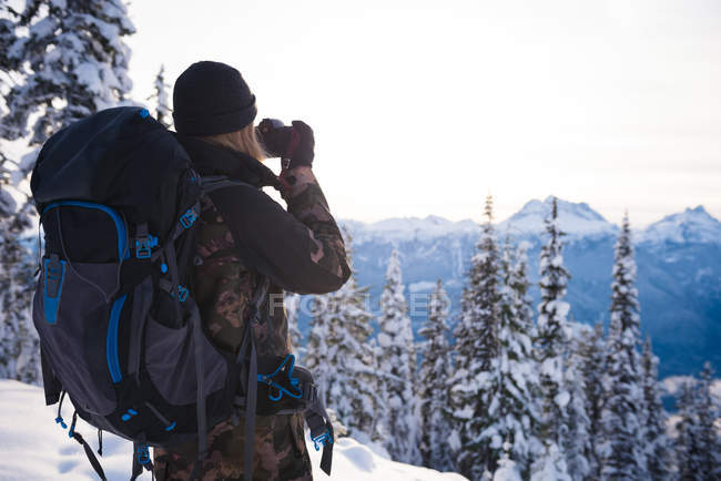 Visão traseira da mulher tirando fotos de pinheiros com câmera durante o inverno — Fotografia de Stock