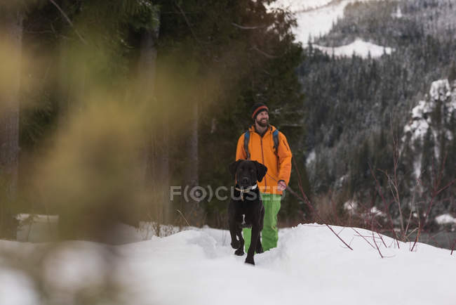 Mann geht im Winter mit Hund in verschneiter Landschaft spazieren — Stockfoto