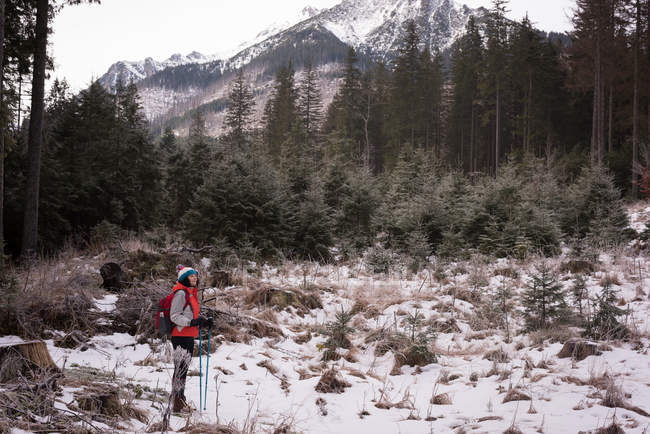 Задумчивая женщина, стоящая с рюкзаком и походным столбом зимой — стоковое фото