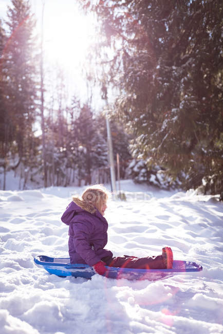 Menina bonito jogando no trenó durante o inverno — Fotografia de Stock