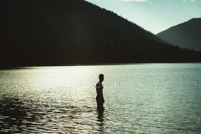 Silhouette dell'uomo in piedi in un lago — Foto stock