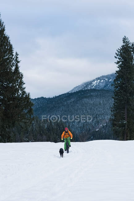 Чоловік їде на велосипеді зі своїм собакою на сніжному пейзажі взимку — стокове фото