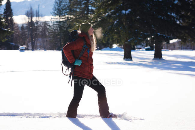 Mulher andando na neve paisagem coberta em um dia ensolarado — Fotografia de Stock