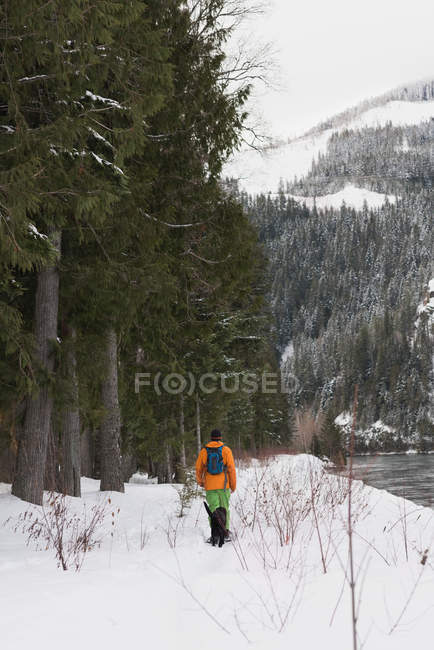 Homem caminhando com seu cão em uma paisagem nevada durante o inverno — Fotografia de Stock