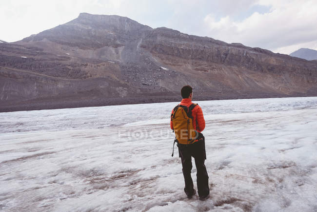 Visão traseira do caminhante masculino em pé em um dia ensolarado durante o inverno — Fotografia de Stock