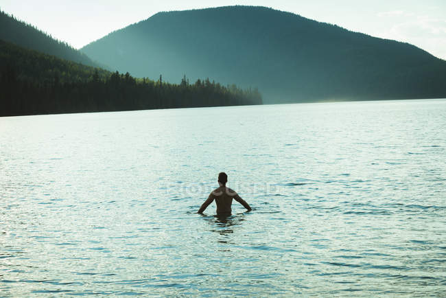 Vue arrière de l'homme debout dans un lac — Photo de stock