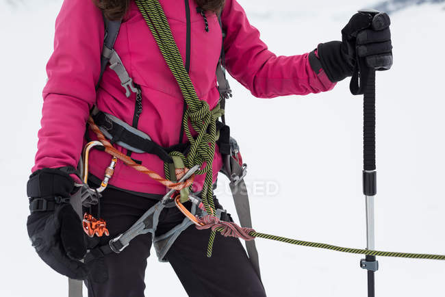 Розрив жіночого альпініста, що стоїть з упряжкою і мотузкою в сніжному регіоні — стокове фото