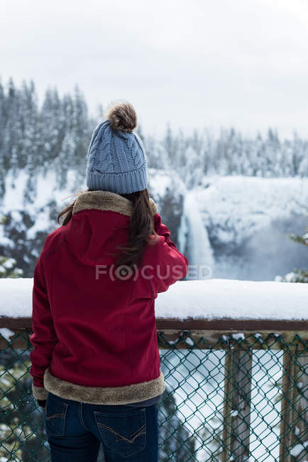 Rückansicht einer Frau mit Blick auf den Wasserfall im Winter — Stockfoto