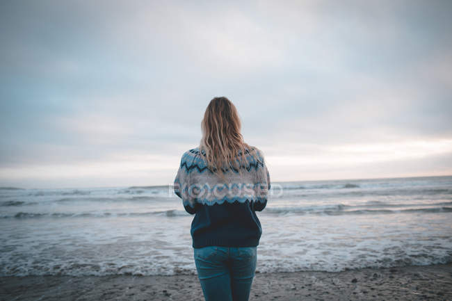 Вид ззаду жінки, що стоїть на пляжі в сутінках — стокове фото