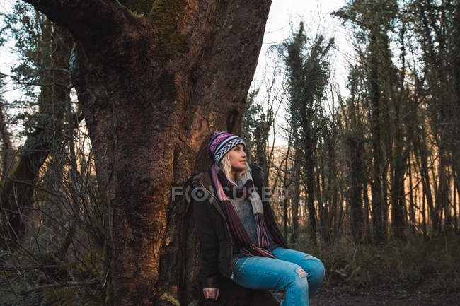 Femme assise sous un arbre par une journée ensoleillée — Photo de stock