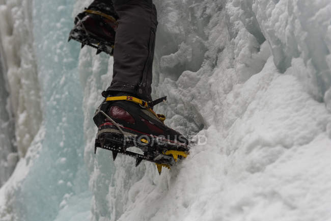 Low section of male rock climber climbing ice mountain — Stock Photo