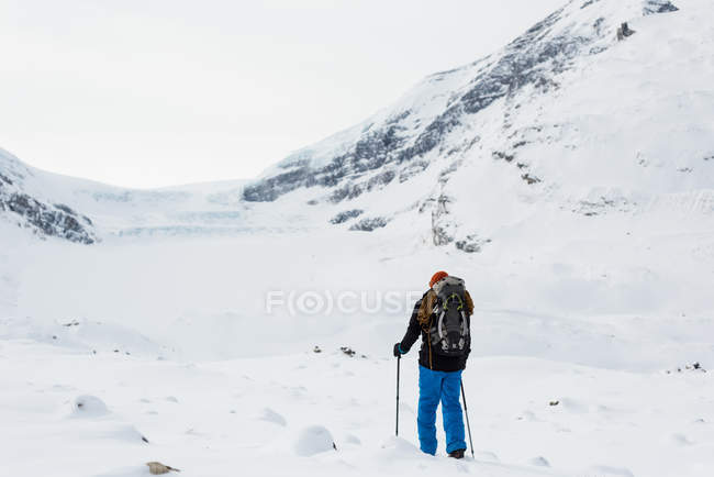Вид сзади на самца альпиниста, идущего по заснеженной горе зимой — стоковое фото
