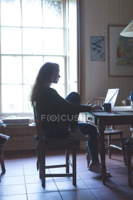 Mujer joven usando el ordenador portátil en casa - foto de stock