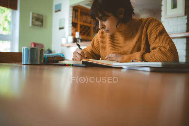 Femme dessinant un croquis dans un livre à la maison — Photo de stock
