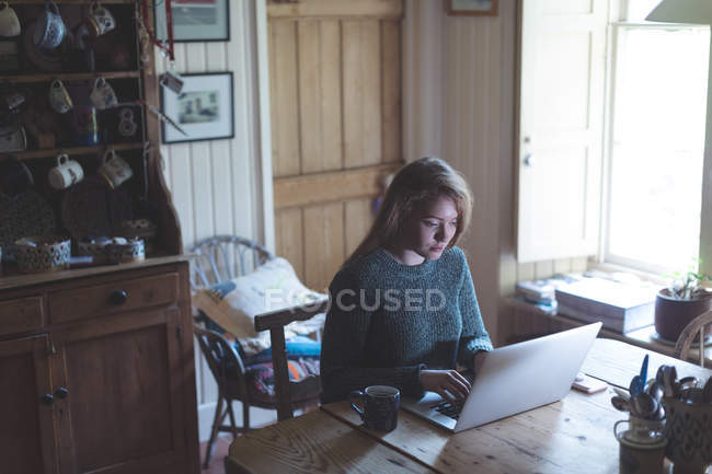 Junge Frau benutzt Laptop zu Hause — Stockfoto