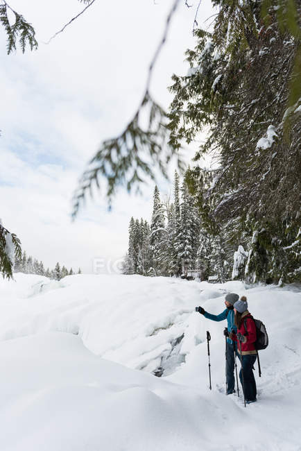 Pareja de pie en un paisaje nevado durante el invierno - foto de stock
