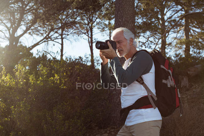 Caminhante sênior tira foto com câmera digital na floresta — Fotografia de Stock