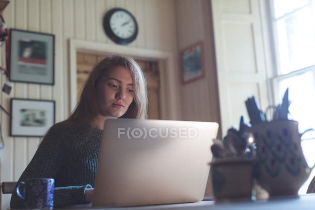 Jovem mulher usando laptop em casa — Fotografia de Stock