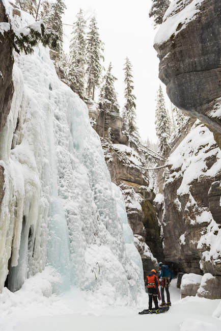 Homem alpinista vestindo arnês perto de montanha rochosa durante o inverno — Fotografia de Stock