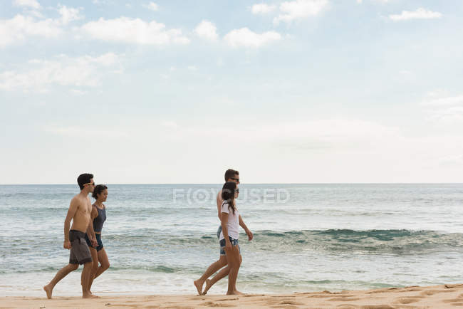 Two couples walking together hand in hand at dusk — Stock Photo