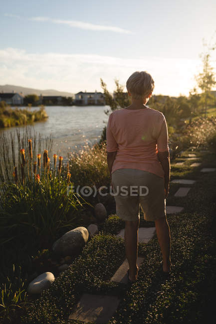 Vista trasera de la mujer mayor caminando cerca de la orilla del río en un día soleado - foto de stock