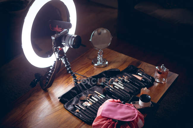 Cosmetic accessories on a table at home — Stock Photo